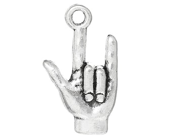 10 Antiqued Silver I LOVE YOU Hand Sign for Sign Language, Charm Pendants chs1057a