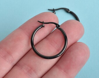 10 BLACK Huggie Earring Blanks Stainless Steel 25mm fin0790