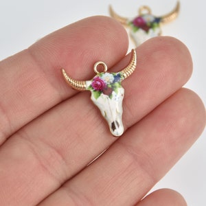 6 Bull Skull Charms Gold Plated with Flowers chs7061