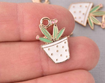 5 SUCCULENT CACTUS Charms, Enamel Floral Charms, Potted Plant Charms, 23mm chs7775
