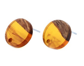6 Resin and Wood Earring Post Blanks, Tortoiseshell Amber, 14mm dia, fin1128