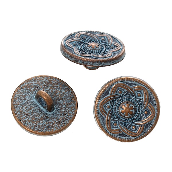 10 Copper Shank Buttons, flower pattern, 15mm (5/8") diameter, antiqued with a BLUE paint wash, shabby chic but0195