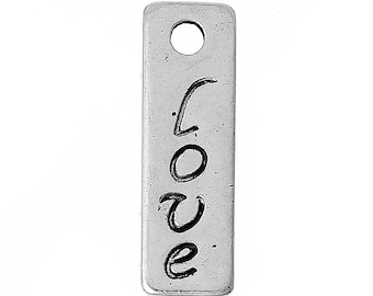 10 Antique Silver Love Stamped Rectangle Charms, Jewelry Tags, 5/8" long, chs1825