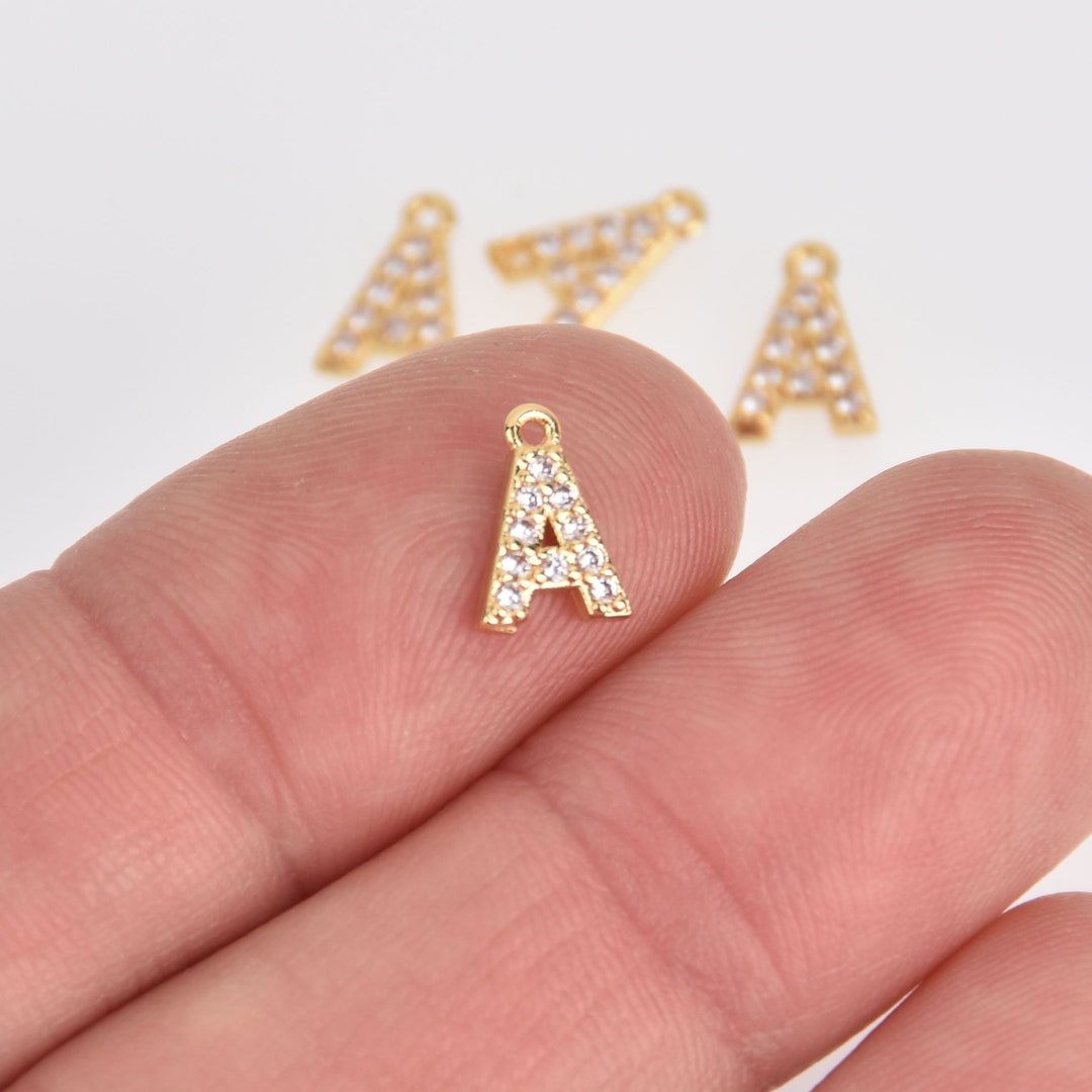 Letter A Gold Plated Charm, Micro Pave Crystals, CZ Initial Charms