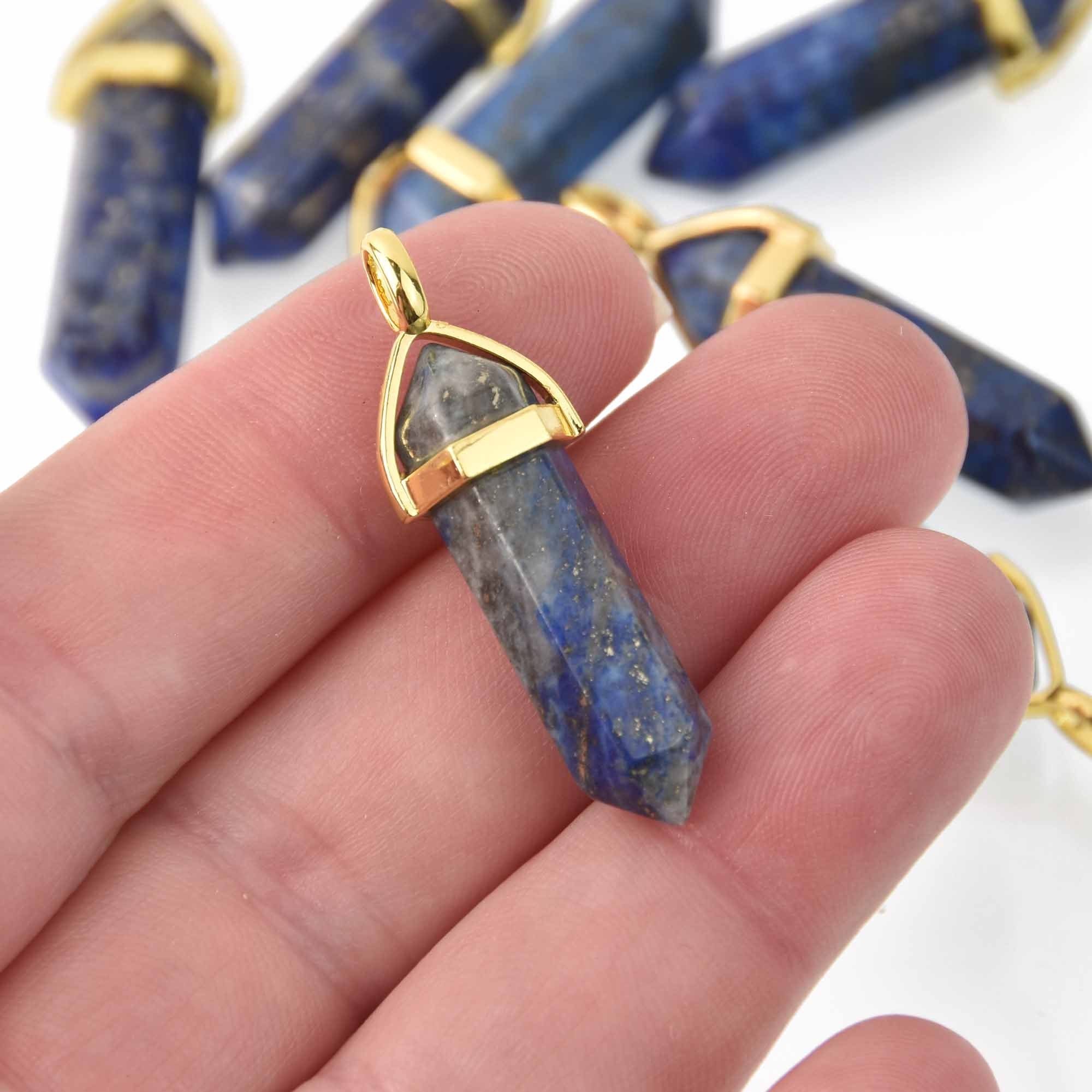 1 Lapis Lazuli Charm, Gemstone Point Pendant, Gold Trim, 1.5