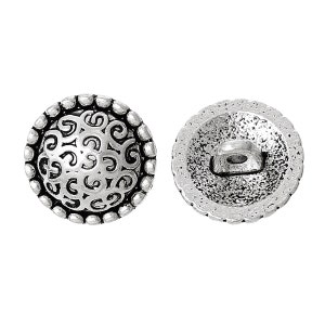 May include: Silver metal button with a decorative swirl design on the front and a shank on the back.