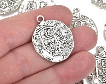 5 Silver Coin Relic Charm Pendants, round coin charms, antiqued silver plated metal, double sided design, 30x25mm, chs2664