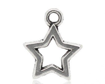 May include: A silver-toned star charm with a hollow center and a small loop at the top for attaching to jewelry. The star has a textured, slightly aged appearance, suggesting a vintage or antique style. Ideal for crafting.