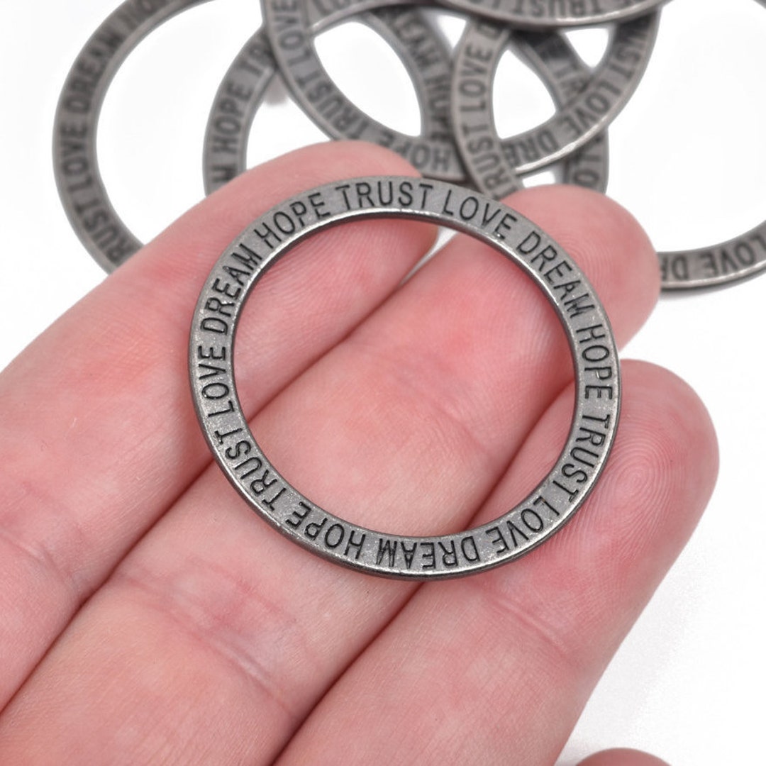 5 Gunmetal Affirmation Rings, Stamped Circle Washer Connector Links ...