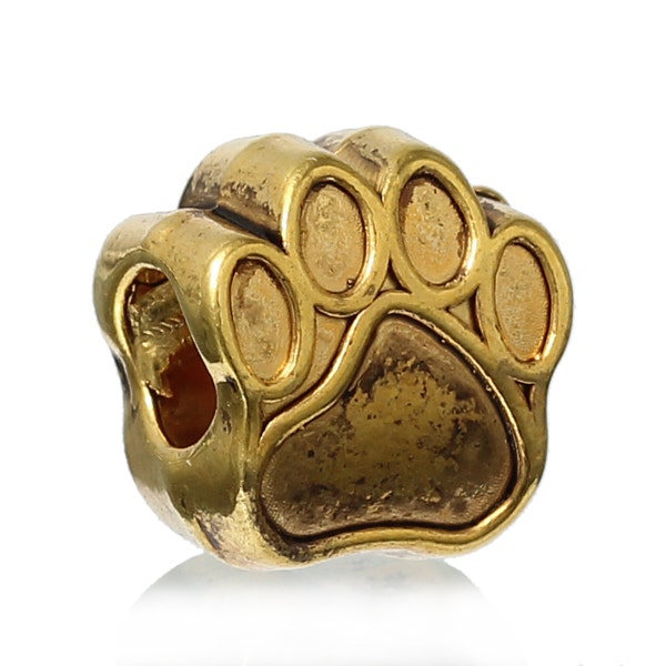 6 Gold Paw Print Charm European Bead for large hole Euro chains bme0376