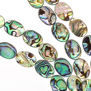 May include: Oval shaped abalone shell beads in shades of green, blue, brown, and iridescent white.