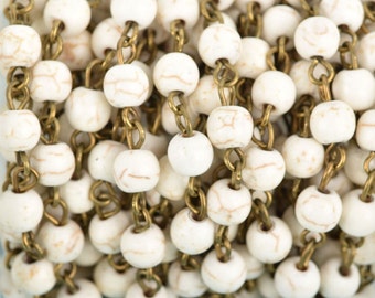 13 feet WHITE Howlite Rosary Chain, bronze wire links, 6mm round stone bead chain, fch0606b