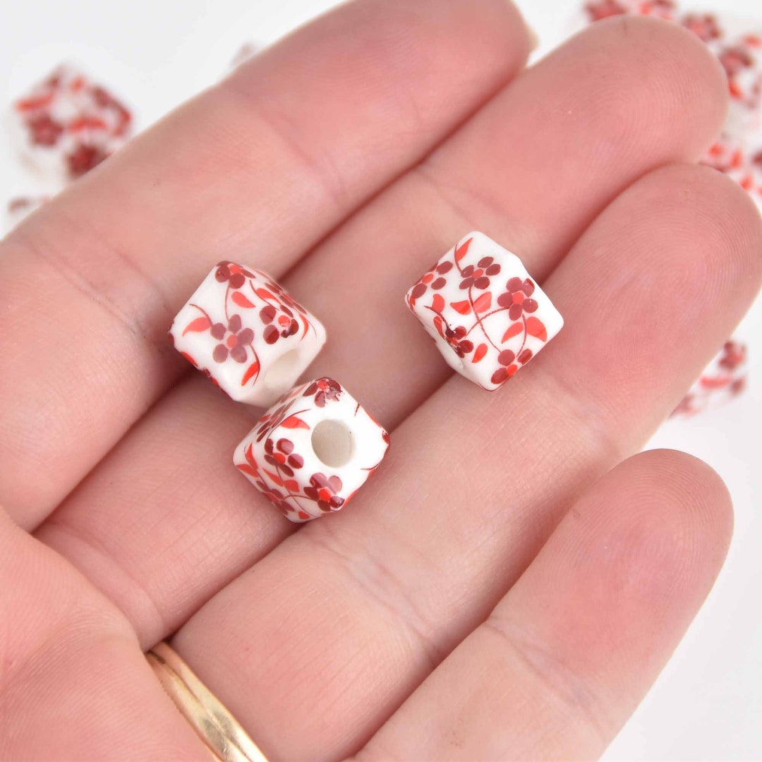 10mm Red Flower Cube Beads, Chinoiserie White Porcelain, X10 Beads ...