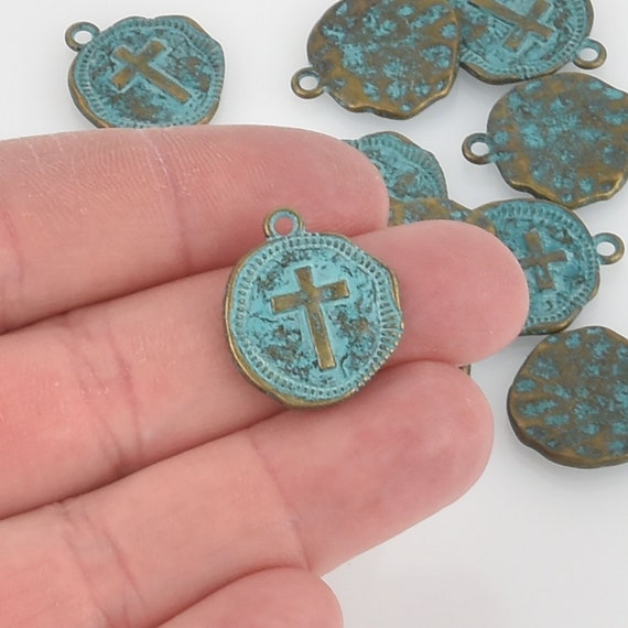 5 Bronze Coin Relic Charm Pendants Cross With Wax Seal Blue Etsy
