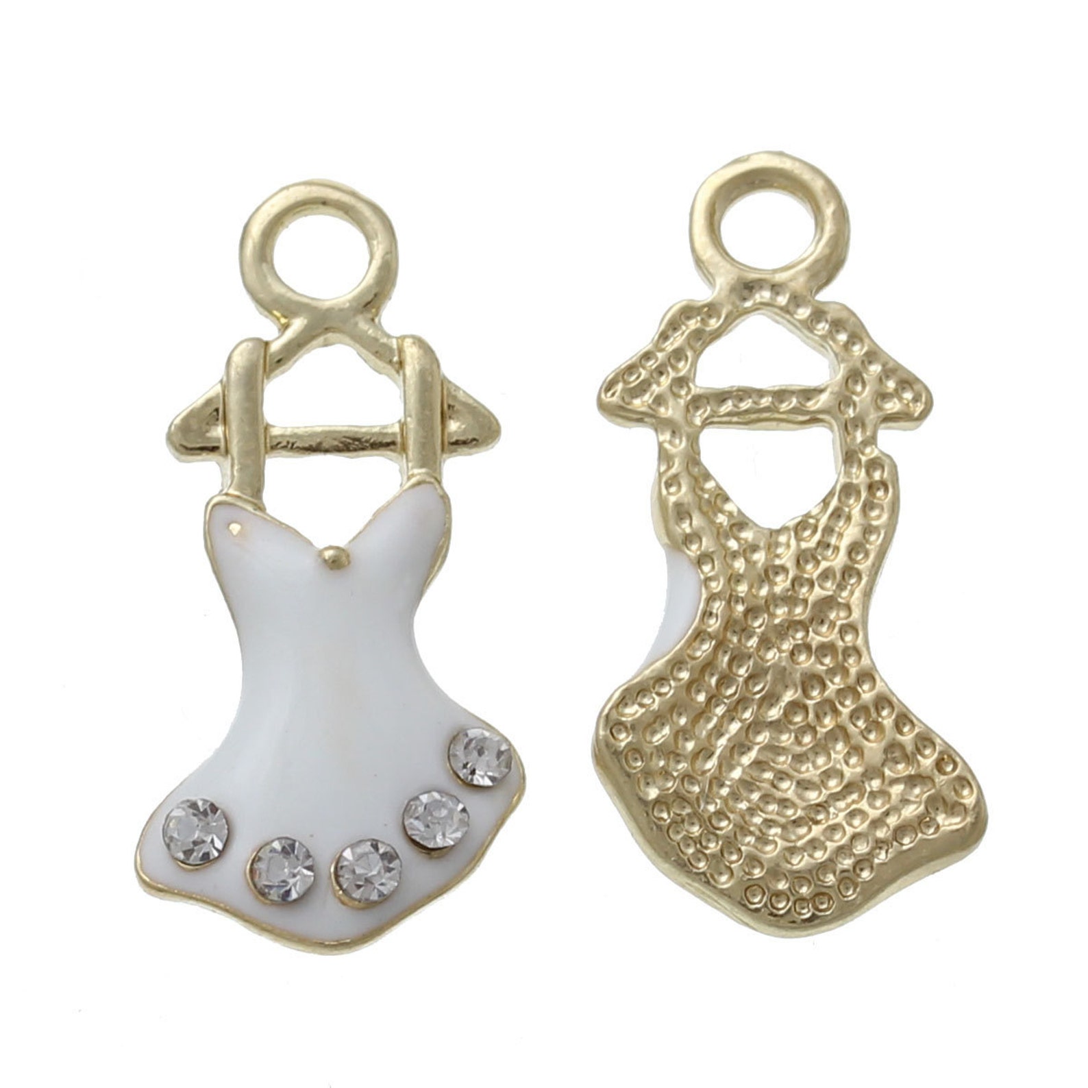 5 rhinestone ballet tutu dress dance charms, white enamel gold tone metal pendants, che0503