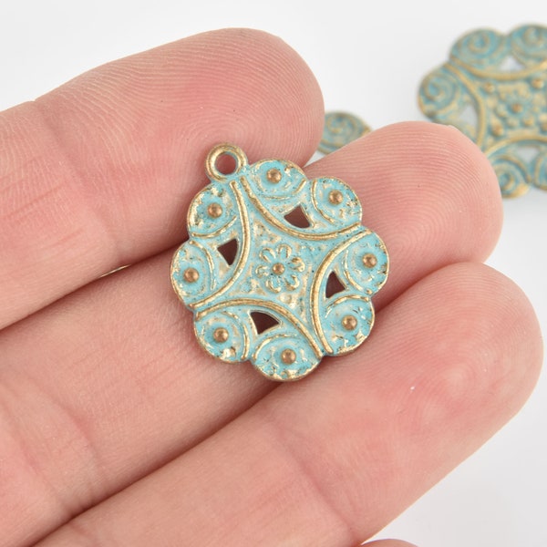 5 Gold Patina MANDALA Charms, blue green verdigris, 20mm, chs6230