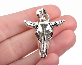 2 Silver Metal Longhorn COW SKULL Charms or Pendants Steer Skull Pendant Silver Bull Skull 42x30mm, chs2881
