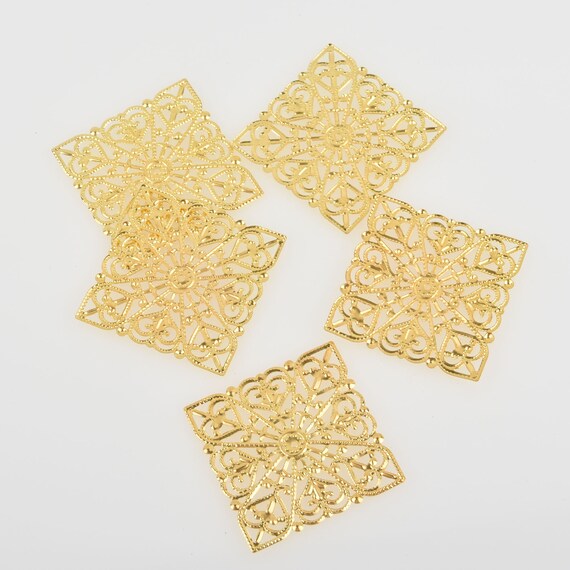 20 Gold Filigree Squares Flat Thin Findings for Jewelry Making