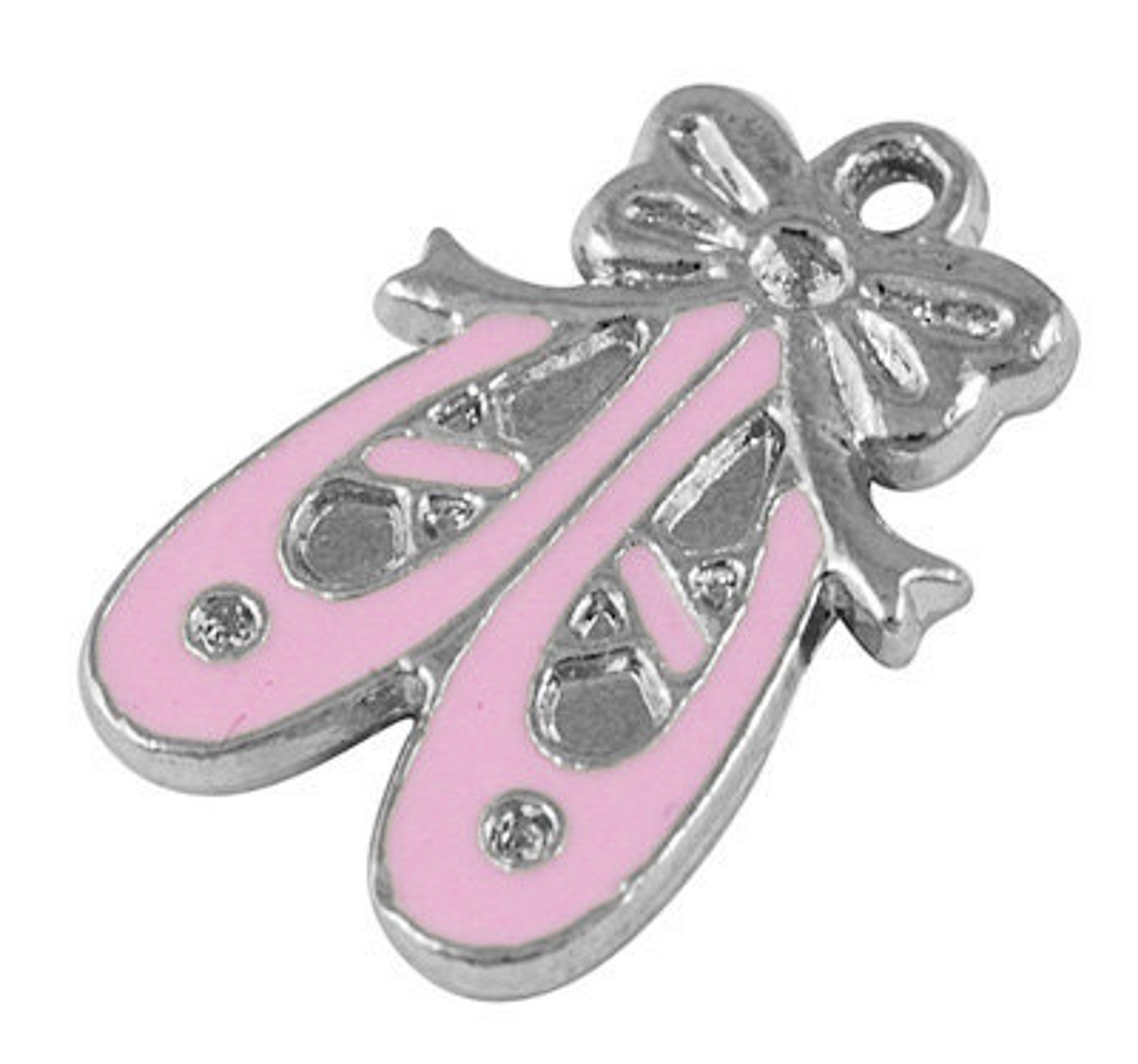 4 pink enamel and silver metal ballet shoes charm pendants. che0034