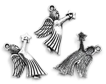 8 Antique Silver STAR ANGEL FAIRY Charm Pendants   27mm x 23mm chs0696