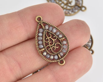 2 Bronze Teardrop Filigree Charms, GRAY AB Crystal Beads, Connector Link, 1.25" long, chs7117