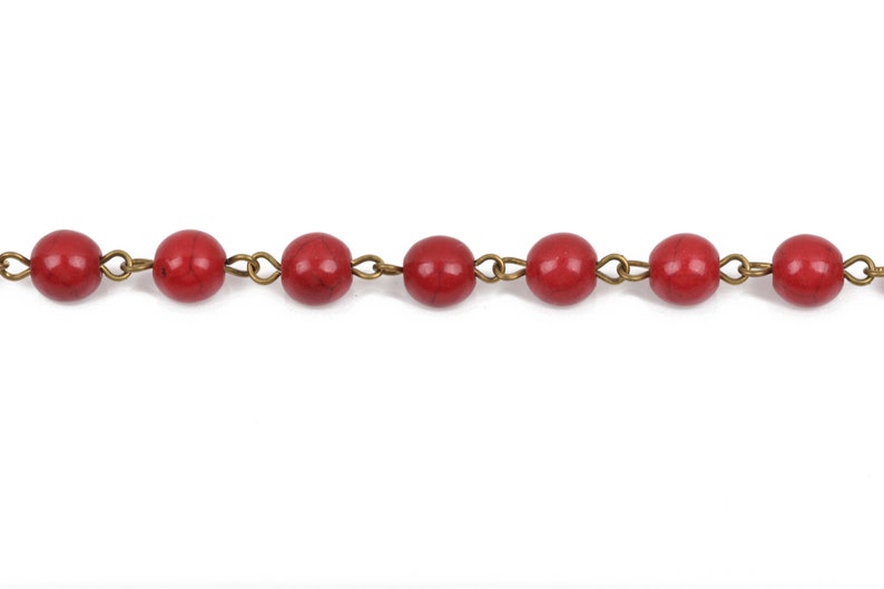 bronze 8mm round stone beads 1 yard RED Howlite Rosary Chain fch0491a