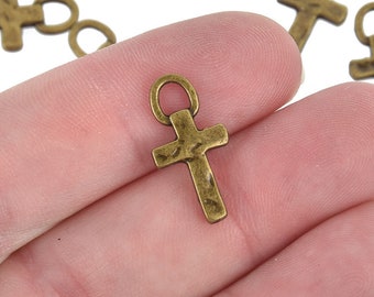 10 Bronze Cross Charms, Rustic Hammered Metal Cross, 20mm chs5090