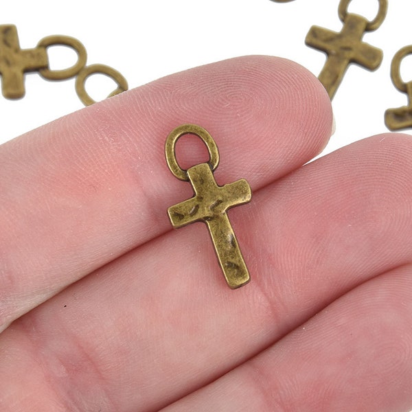 10 Bronze Cross Charms, Rustic Hammered Metal Cross, 20mm chs5090