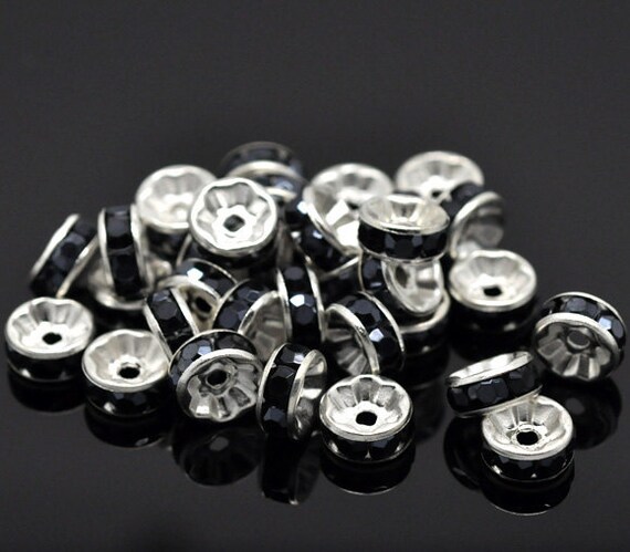 8mm Silver Plated Jet Black Color Rhinestone Rondelle Spacers Beads x10 pieces . Smooth Edge . bme0189