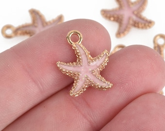 Diez dijes de estrella de mar rosa, chapados en oro con esmalte, de 18 mm (chs3699)