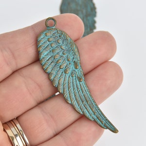 5 Bronze FEATHER Charm Pendants, Blue Verdigris Patina, 2-5/8" long, chs6798