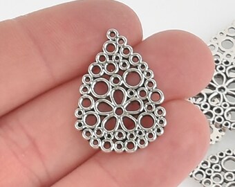 10 Silver Filigree Teardrop Charms, Connectors 1" chs5698a