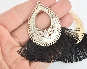 2 Fan Tassel Charms BLACK Fringe with Gold Filigree Teardrop 3" long chs5356