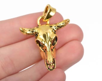 2 Gold Metal Longhorn COW SKULL Charms or Pendants, Steer Skull Pendant, 42x30mm, chs2883
