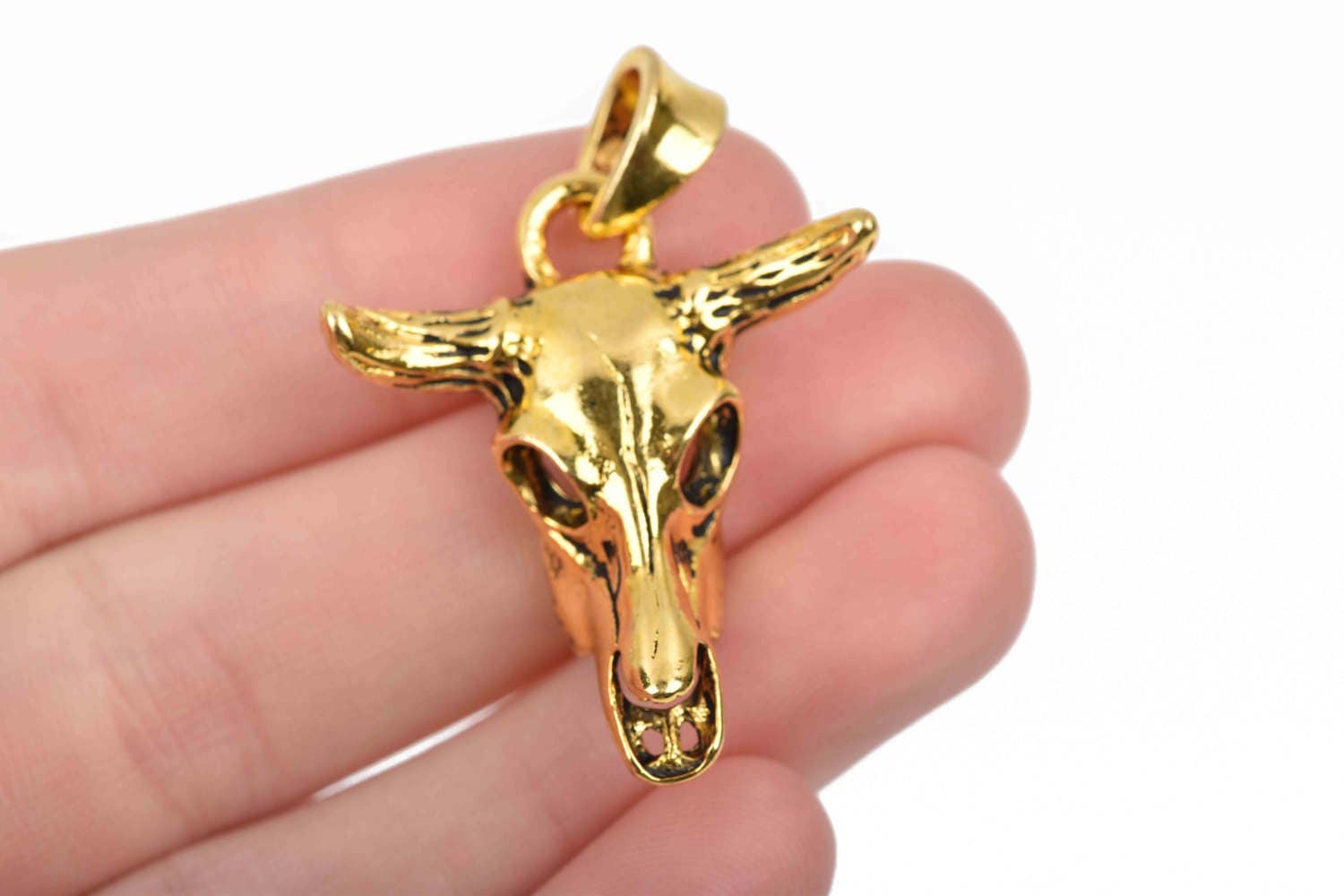 2 Gold Metal Longhorn COW SKULL Charms or Pendants, Steer Skull