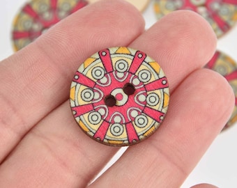 20 Wood Buttons, Dots Mandala, 2 holes, 25mm or 1" diameter, but0296