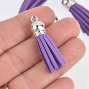 May include: Purple tassel with a silver metal top. The tassel is made of soft, fuzzy material and is about 2 inches long.