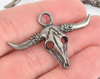 5 LONGHORN BULL Steer Charms, Gunmetal Cow Head Charms, 1-3/4" long, chs6423