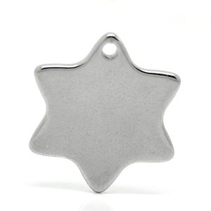 May include: A shiny, silver-colored six-pointed star charm with a small hole at the top for stringing. The charm has a smooth, polished surface and is likely made of metal. This jewelry component is suitable for necklaces, bracelets, or earrings.