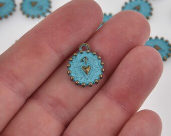 Bronze Patina Charms, Blue Verdigris, small heart, chs8424