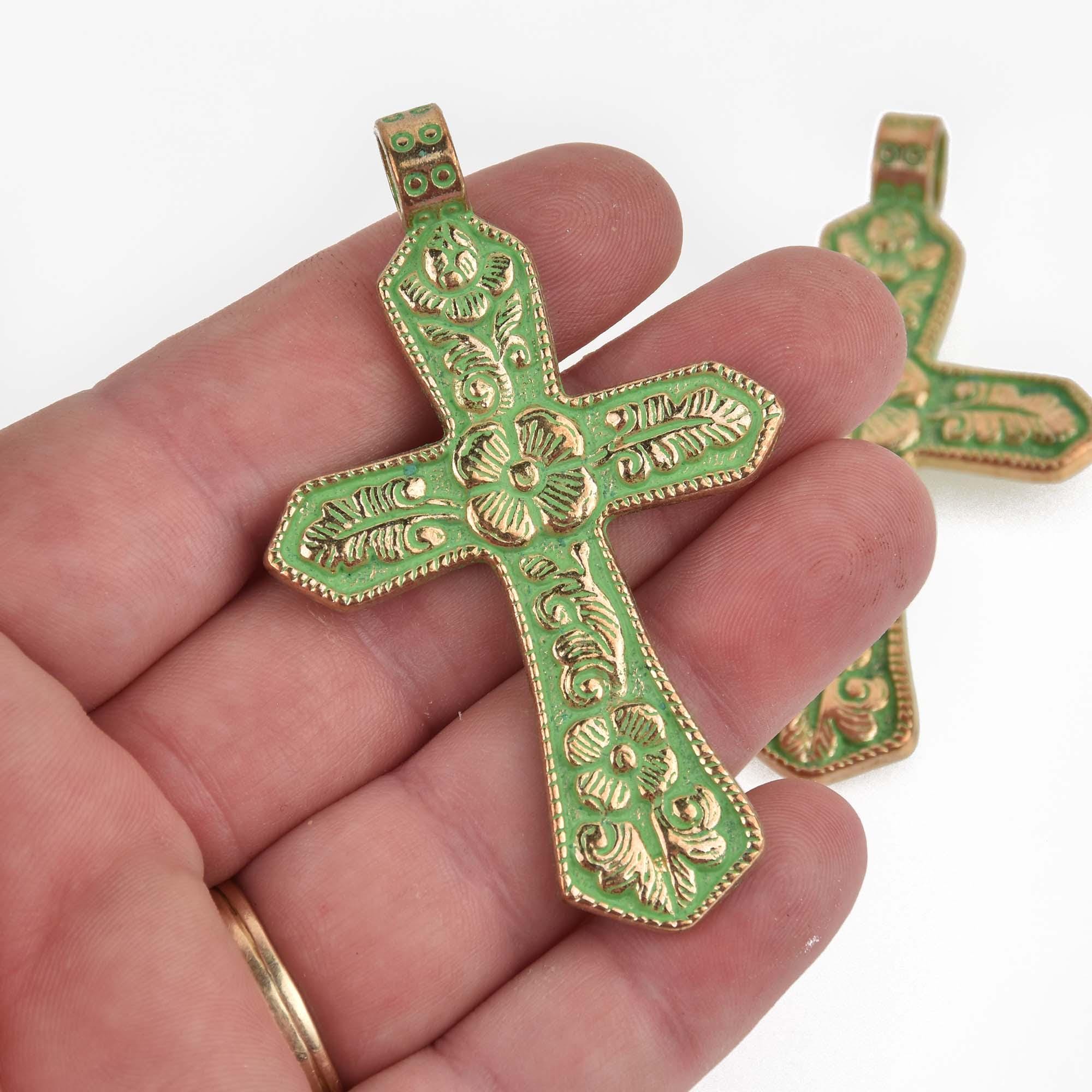 1 Large CROSS Charm Pendant, Light Gold With Green Verdigris