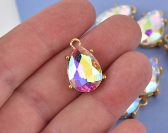2 Crystal Teardrop Charms, AB crystal with gold bezel setting, 3/4" long, chs8462