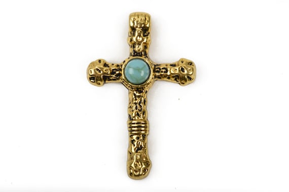 Antique Gold and Turquoise CROSS Pendants, Brass Gold Base With