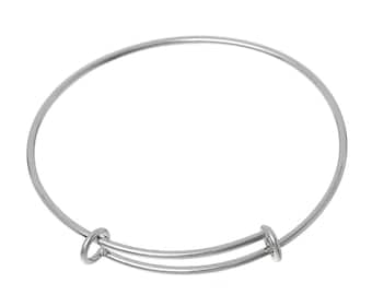 5 SILVER PLATED Bangle Charm Bracelet, adjustable size expandable to fit wrist, fits medium to large wrist, thick 14 gauge, 7-7/8", FIN0439