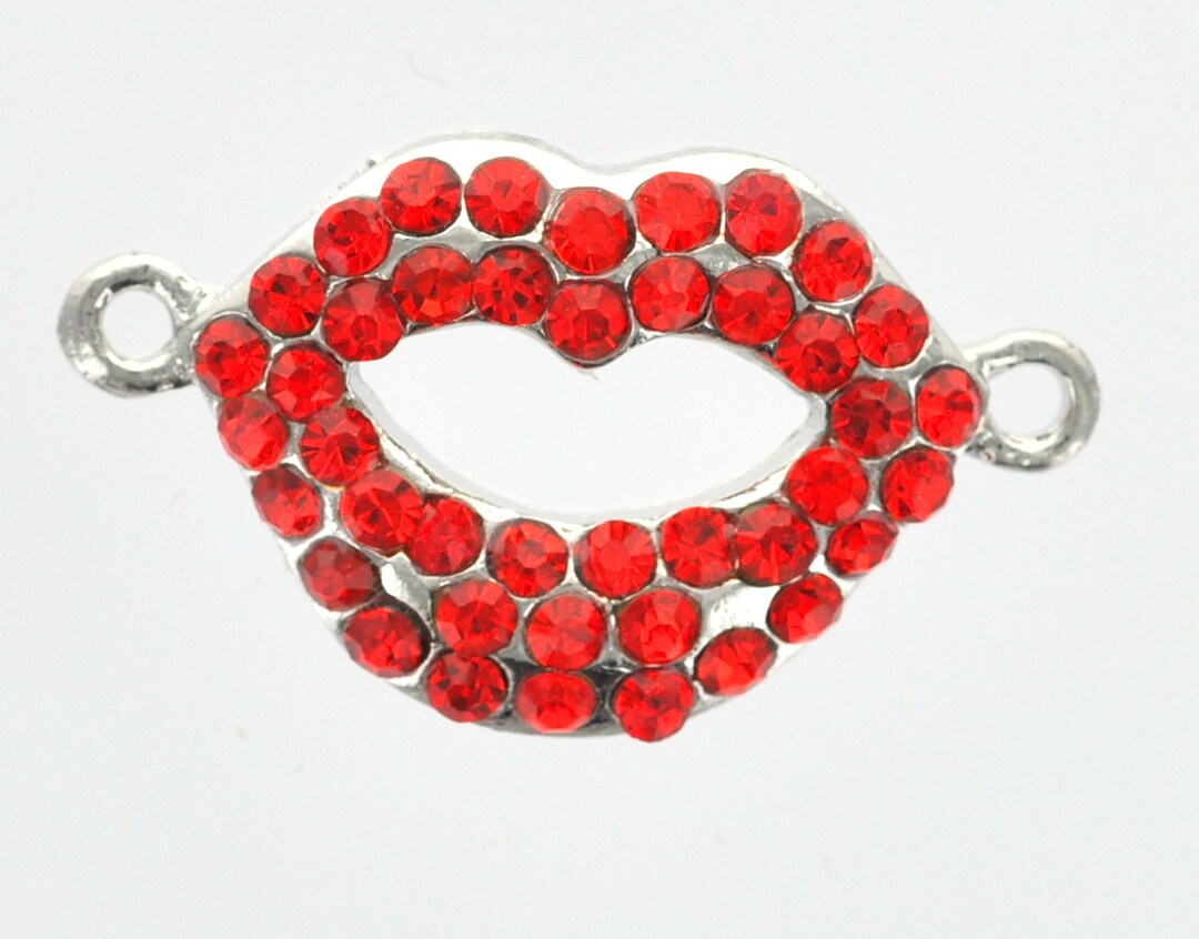 2 Rhinestone Red Lips Charms, Silver Plating Connector