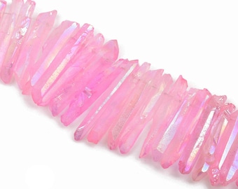 PINK AB Crystal Quartz Stick Beads, Tusk or Point Beads, top drilled beads, gemstones, 1" to 1-1/2" long, 6-7mm wide, full strand, gqz0101