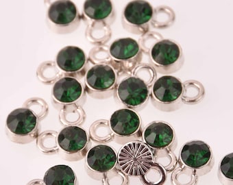 Emerald Green Drop Charms 6mm Silver and Rhinestone Crystal Dot Charms chs8226