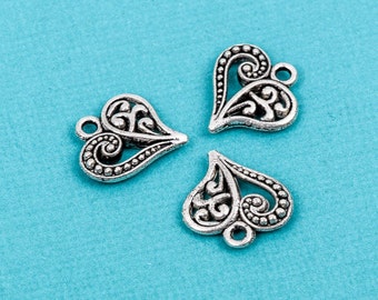 10 Fancy FILIGREE HEART Charm Pendants, antiqued silver pewter metal, chs1625