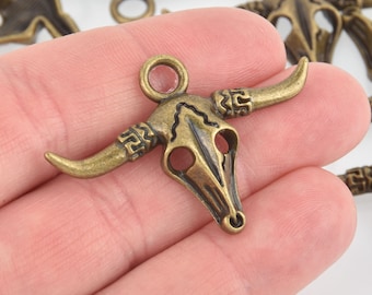 5 Bronze STEER BULL SKULL, Longhorn Cow Charm Pendant, 45x30mm chs5899