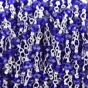 1 yard Royal Blue Crystal Rondelle Rosary Chain, silver double wrap, 6mm faceted rondelle transparent glass beads, fch0641a